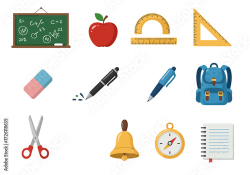 The image displays assorted school supplies a chalkboard apple  various stationery items