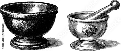 Vintage mortars and pestles engraving for apothecary design
