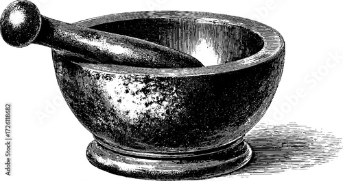 Vintage stone mortar and pestle in engraving style - retro kitchen tool sketch for culinary design