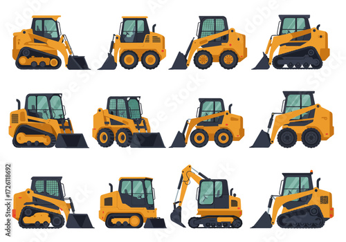 Twelve yellow construction vehicles are arranged in three rows on a white background