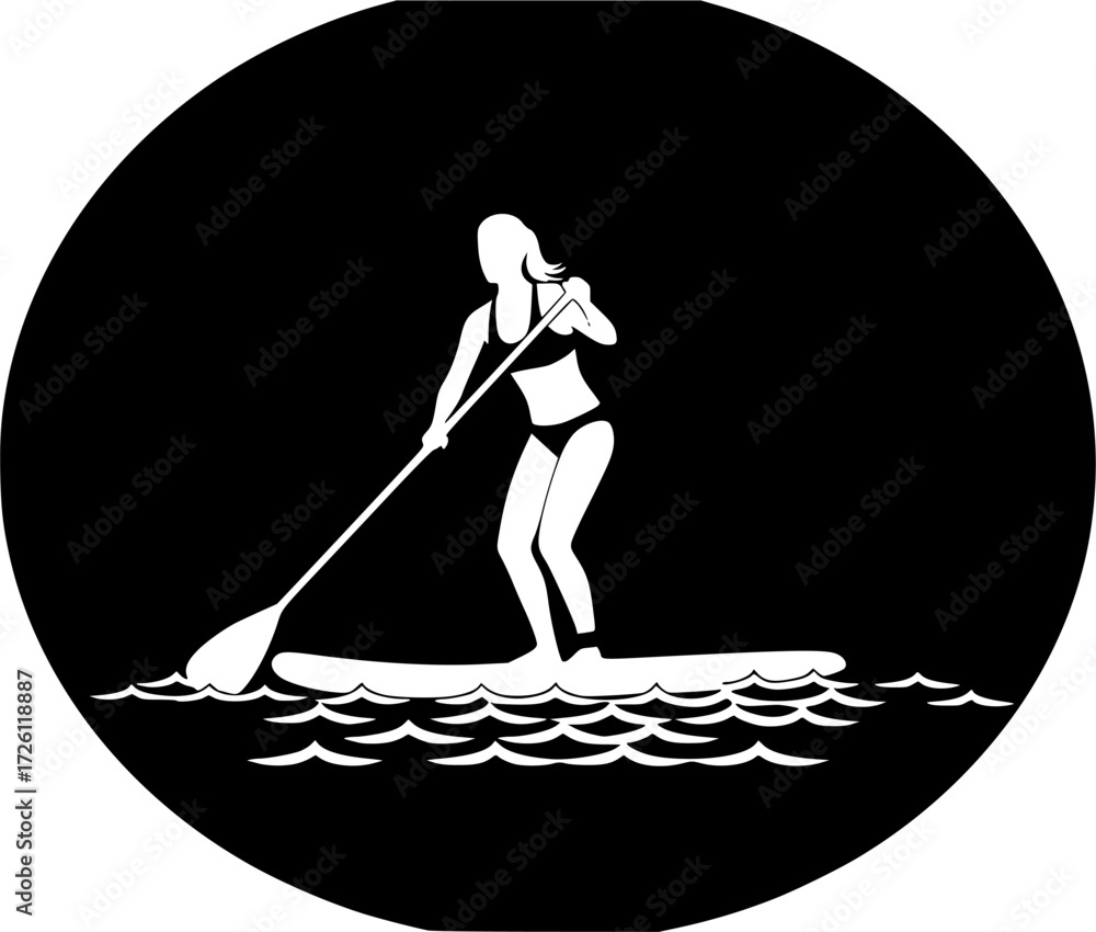 Fototapeta premium Paddleboarding silhouettes, Woman paddleboard silhouette, Paddleboard silhouette, Standup paddleboarding, Paddleboard vector, Paddle surfers