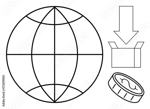 Globe with latitudes and longitudes, downward arrow pointing at an open box, and a coin. Ideal for global commerce, shipping, logistics, international trade, transactions, e-commerce