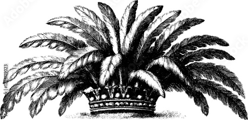 Vintage palm crown leaf etching with intricate detail for retro design