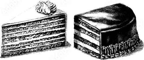 Vintage pastries and cakes in engraving style for culinary design and decor