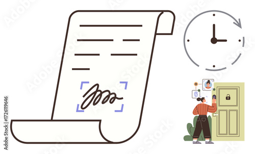 Contract paper with signature scan, clock symbolizing time, person verifying identity at secure door. Ideal for legal aid, contracts, security, time management, digital identity, authentication