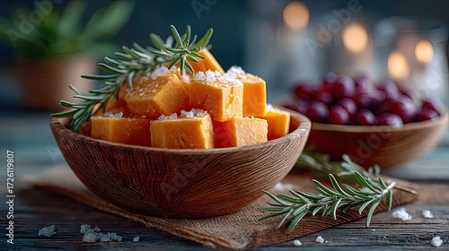 Pumpkin Cubes with Rosemary and Sea Salt in Wooden Bowl Still Life