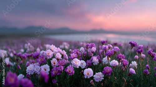 Purple and White Wildflower Meadow at Sunset with Distant Mountains and a Soft Purple Hued Sky