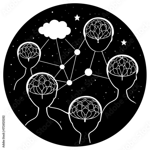 Silhouettes of Interconnected Brains in a Dark Cosmic Space, Remote Control Concept.