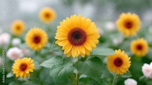 Radiant Sunflowers in Field Golden Petals Green Leaves Macro Floral Photography Captures Warm Summer Sunlight Blur Background Serene Outdoor Scene
