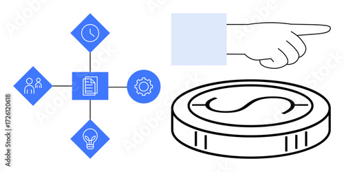 Hand gestures toward a dollar coin symbol, linked to icons of teamwork, time, idea, gear, connected by flowchart lines. Ideal for finance, business strategies, planning teamwork leadership goals