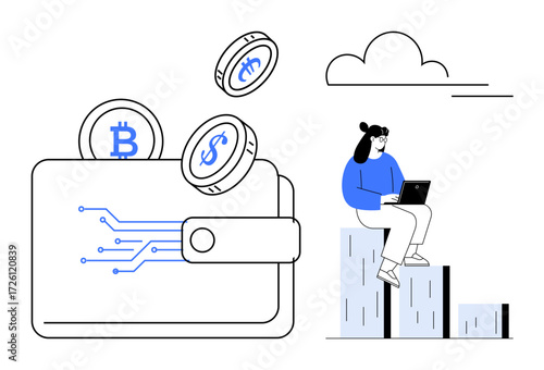 Digital wallet releasing cryptocurrency coins thumbs up Bitcoin and dollar token, woman on bar graph with laptop. Ideal for finance, cryptocurrency, investment, technology, fintech, analysis