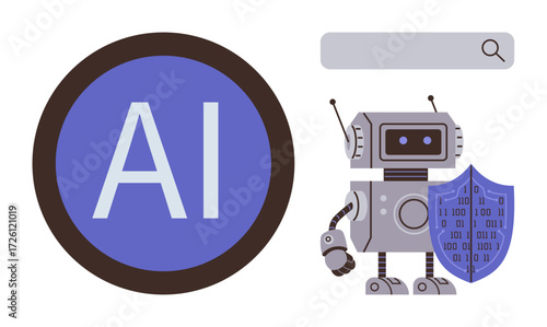 Robot with antenna and shield featuring binary code beside AI logo and search bar. Ideal for AI, data security, technology, robotics, internet, innovation, research concepts. Simple flat metaphor
