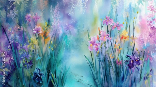Ethereal Watercolor Meadow of Irises in Hazy Hues of Purple and Teal.