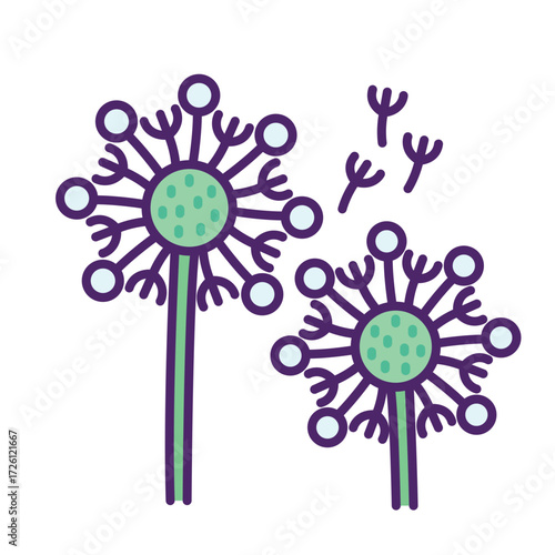 Two cartoon dandelions with some seeds blowing away