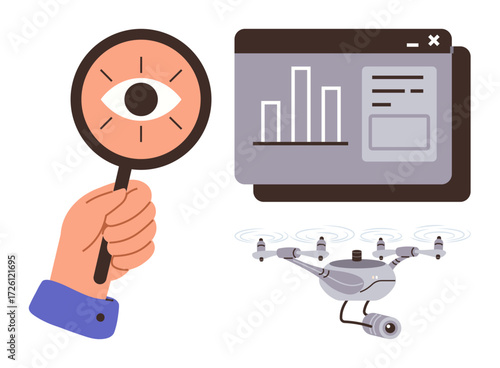 Hand with magnifying glass focuses on observation. quadcopter with camera suggests aerial monitoring. Chart dashboard implies data collection and analysis. Ideal for technology, surveillance, research