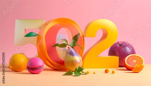 A vibrant, stylized still life featuring the numbers 502 amidst colorful fruits like a lemon, pear, apple, orange, and macaron, on a pink backdrop