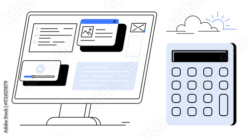 Computer monitor displaying multimedia content, calculator beside it, and minimalistic cloud design. Ideal for technology, finances, productivity, business, management education strategy. Simple