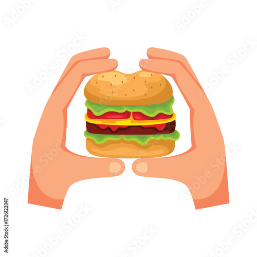 Two hands holding a cheeseburger with lettuce and tomato