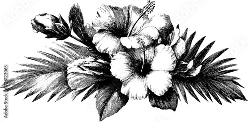 Tropical floral arrangement with detailed engraving for art and design projects