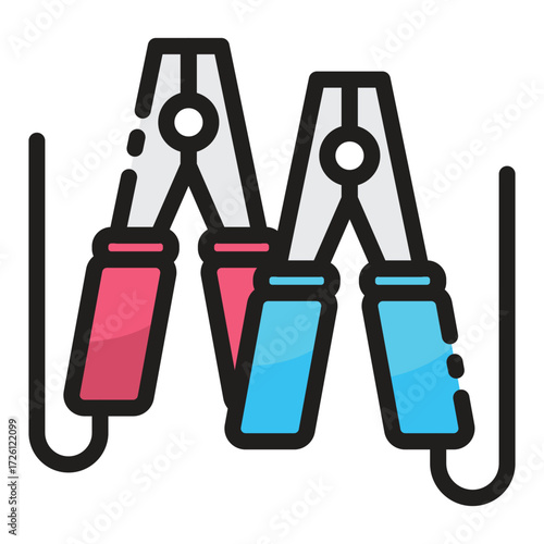 Two jumper cable clamps with red and blue handles