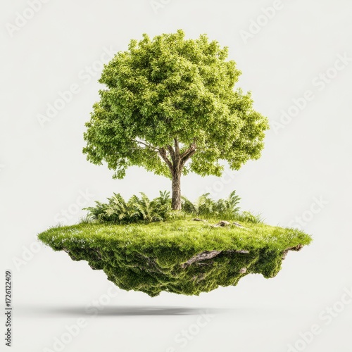 A solitary lush green tree on a surreal floating island of moss and earth, symbolizing a fragile ecosystem and environmental purity.