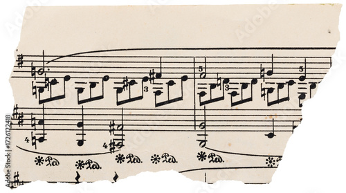 Piece of old vintage music sheet, decorative faded torn paper scrap with notes isolated for collage