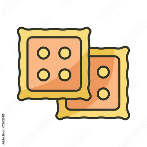 Two square crackers with dimples on a white background