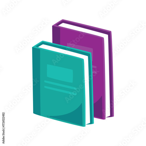 Two stylized books one teal and one purple angled on a white background