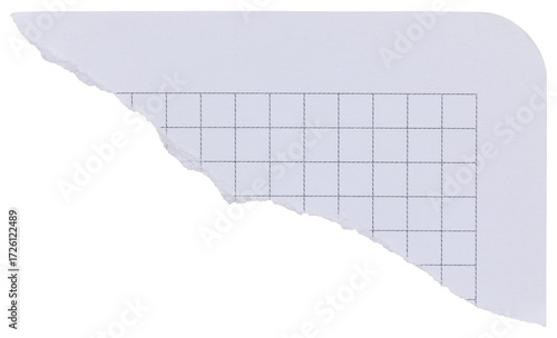 Torn corner of white checkered notebook page with black grid, isolated element for creating collage