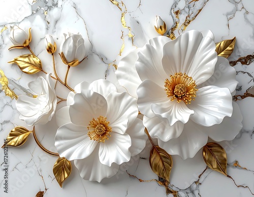 Wallpaper Mural White flowers on marble Torontodigital.ca