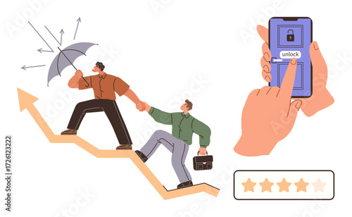 Two professionals climbing upward on arrow-shaped graph, holding umbrella and briefcase, with a locked phone interface and a five-star rating. Ideal for teamwork, business growth, success, risk