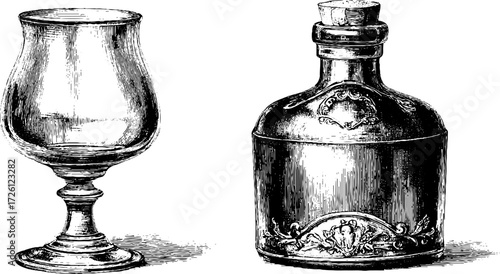 Vintage wine and spirits bottle sketch with glass for retro design and decor