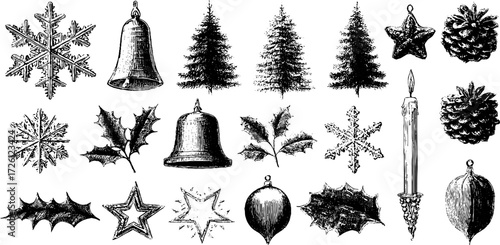 Winter holiday seamless patterns: snowflakes, evergreen trees, and festive decorations for seasonal designs