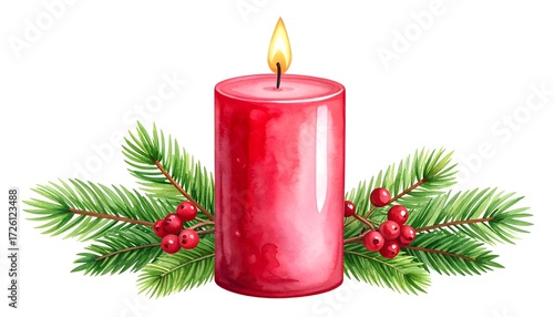 A vibrant watercolor depiction of a red candle, with flame, surrounded by lush green fir branches and red berries, perfect for holiday themes