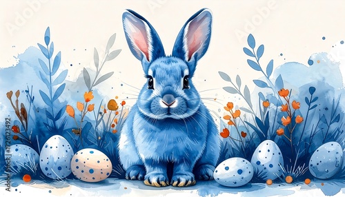 A vibrant watercolor depiction of a blue rabbit amidst Easter eggs and floral elements, creating a festive spring ambiance