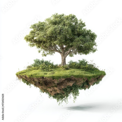Serene Floating Island - Solitary Tree on a Lush, Isolated Ecosystem.