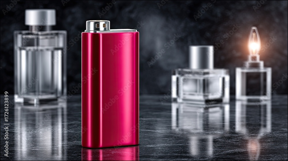 Fototapeta premium Red Battery Isolated Cinematic Lighting HDR Product Shot with Blurry Perfume Bottles Reflective Surface and Dark Moody Background