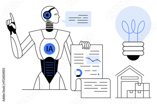 Robot with AI label presenting data charts and documents, light bulb symbolizing innovation, warehouse backdrop with storage boxes. Ideal for AI, automation, innovation, technology, logistics, big