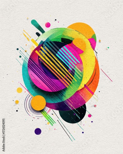 Vibrant Abstract Composition of Intertwined Circles and Lines.