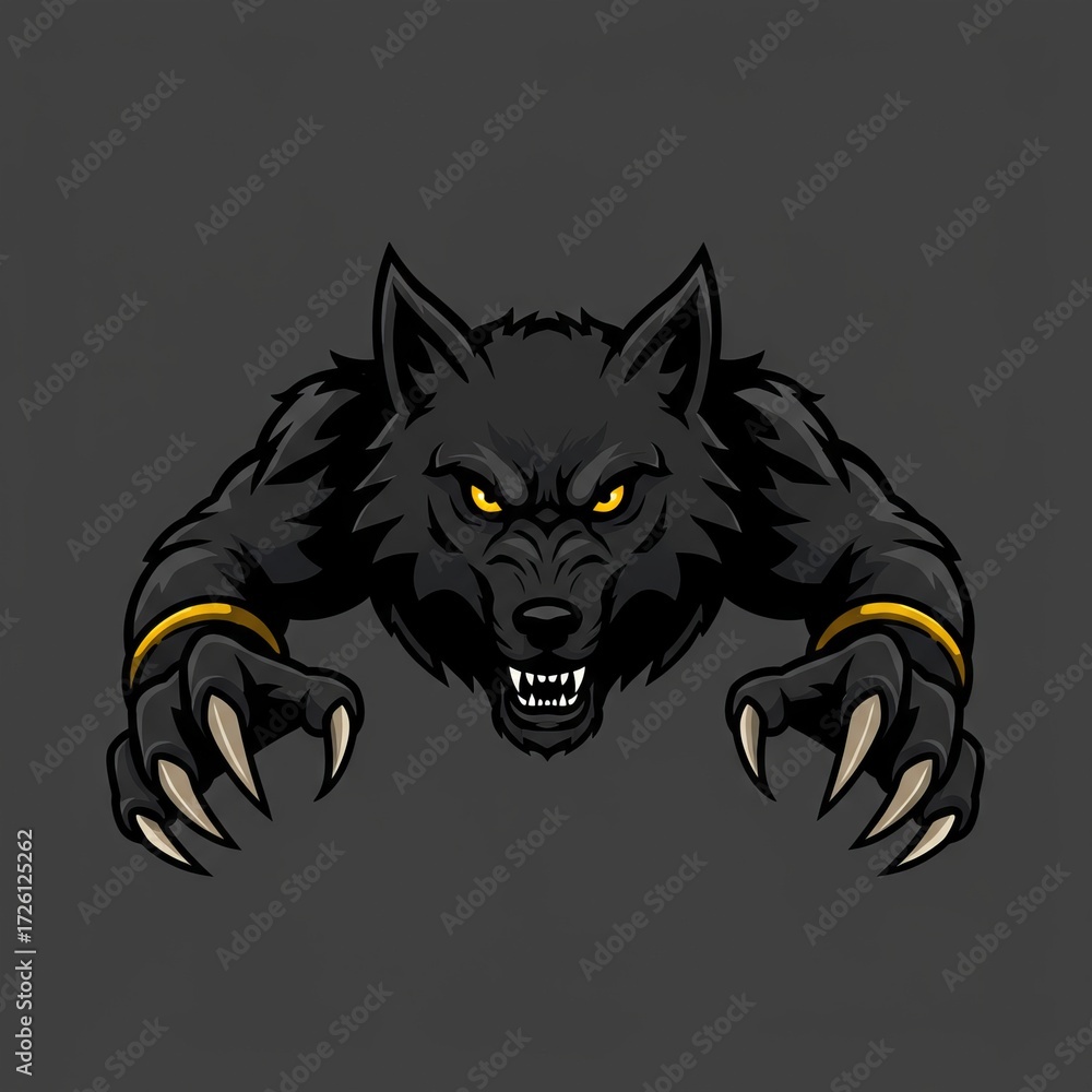Obraz premium Wolf mascot illustration with fierce and wild look. Strong predator symbol isolated on white background. Perfect for esport logo, sports team emblem, and branding design.