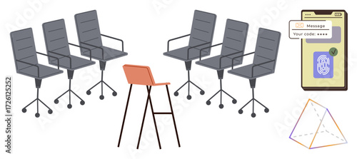 Orange stool contrasts with five black office chairs, smartphone showing fingerprint security system, geometric prism. Ideal for teamwork, individuality, digital security, technology, innovation