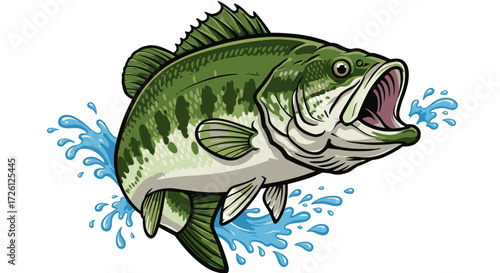 Detailed vector illustration of a largemouth bass jumping out of the water with splashes, suitable for fishing, sports, or nature-themed designs and compositions.