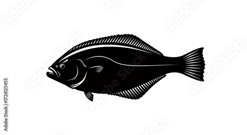 A sleek, minimalist vector illustration of a flatfish, showcasing its unique shape and texture, perfect for educational materials or seafood branding, presented as a PNG.