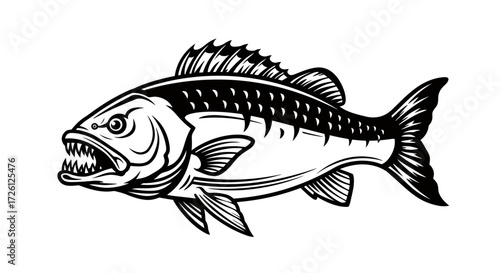 Stylized vector illustration of a fierce, aggressive fish with sharp teeth and fins, presented in a graphic, black and white design for versatile use.