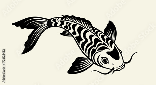 A beautifully detailed black and white koi fish, rendered in a traditional Japanese vector art style, swimming gracefully.