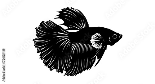 A stylized black vector illustration of an elegant Siamese fighting fish, showcasing its beautiful flowing fins against a clean white background.