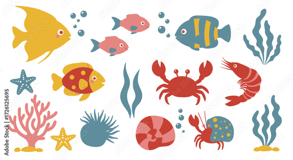 Obraz premium A vibrant vector illustration showcases a diverse collection of sea creatures, including colorful fish, a crab, shrimp, and starfish, set against a clean background.