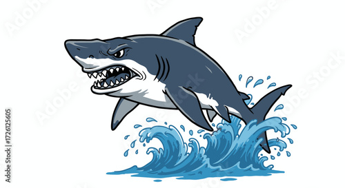 Fierce great white shark leaping from ocean waves, depicted in a dynamic cartoon vector illustration with sharp teeth and an aggressive expression.