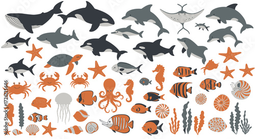 A captivating vector illustration showcasing a diverse collection of marine life, including fish, dolphins, whales, and other sea creatures, perfect for ocean-themed designs.