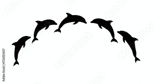 A vector illustration showcasing a playful arc of six leaping dolphins, rendered in a sleek, black silhouette against a clean, white background, suitable for various design applications.